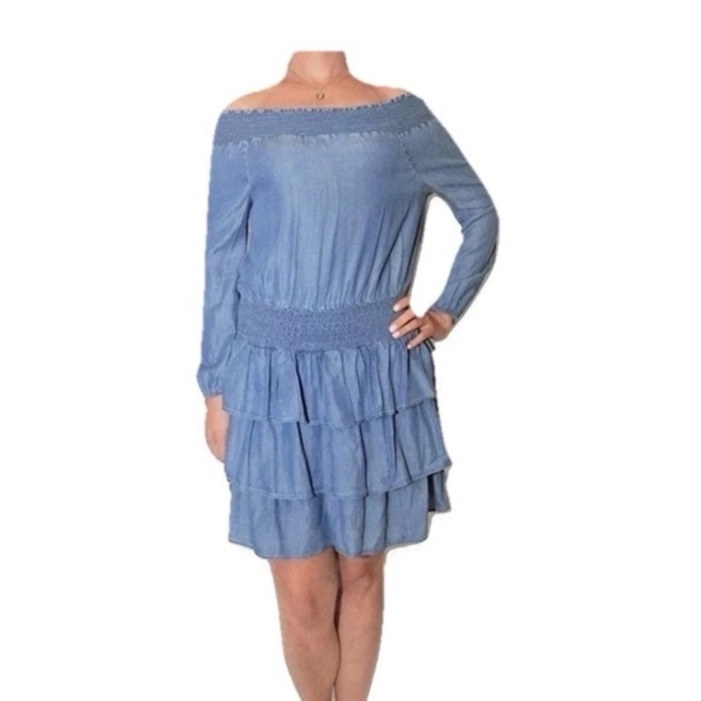 Michael Kors Cadet Blue Ruffle Off the Shoulder Tiered Dress |  Boho